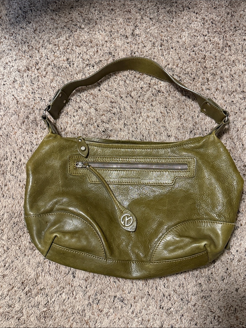 Francesco Biasia Olive Leather Shoulder Hobo with Front Zip